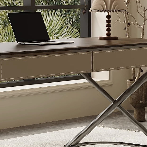 Modern Minimalist Saddle-Style Faux Leather Wood Stainless Steel Oval X-Shape Leg Desks 2-Drawer For Home Office