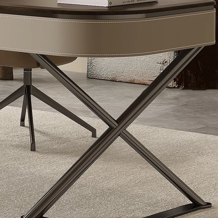 Modern Minimalist Saddle-Style Faux Leather Wood Stainless Steel Oval X-Shape Leg Desks 2-Drawer For Home Office