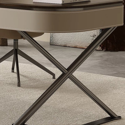 Modern Minimalist Saddle Leather Wood Stainless Steel Oval X-Shape Leg Desks 2-Drawer For Home Office