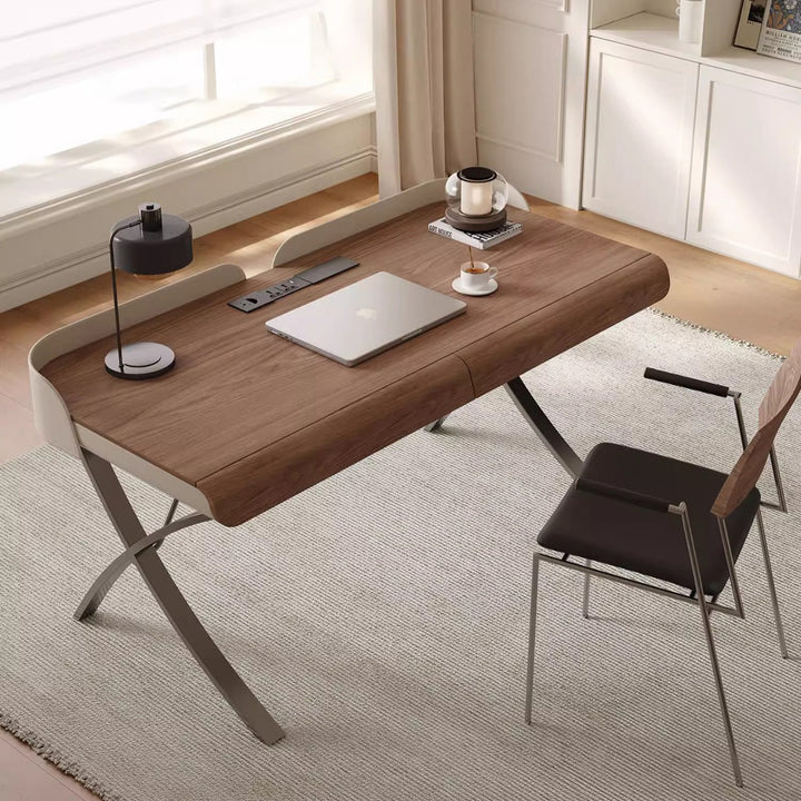Modern Transitional Saddle-Style Faux Leather Plywood Stainless Steel X-Shape Leg Wraparound Baffle Rectangular Desks 2-Drawer For Home Office