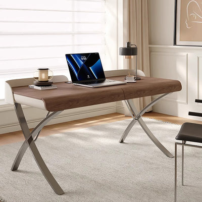 Modern Transitional Saddle Leather Wood Stainless Steel X-Shape Leg Wraparound Baffle Rectangular Desks 2-Drawer For Home Office