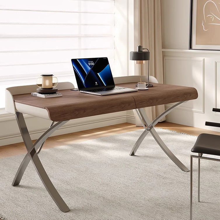 Modern Transitional Saddle Leather Wood Stainless Steel X-Shape Leg Wraparound Baffle Rectangular Desks 2-Drawer For Home Office