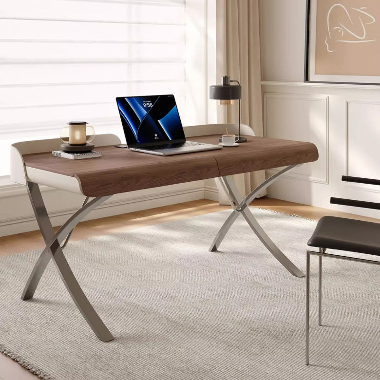 Modern Transitional Saddle Leather Wood Stainless Steel X-Shape Leg Wraparound Baffle Rectangular Desks 2-Drawer For Home Office