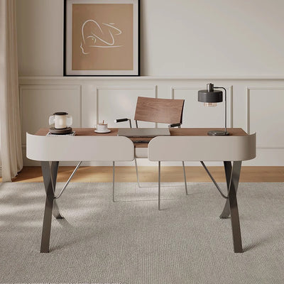 Modern Transitional Saddle Leather Wood Stainless Steel X-Shape Leg Wraparound Baffle Rectangular Desks 2-Drawer For Home Office