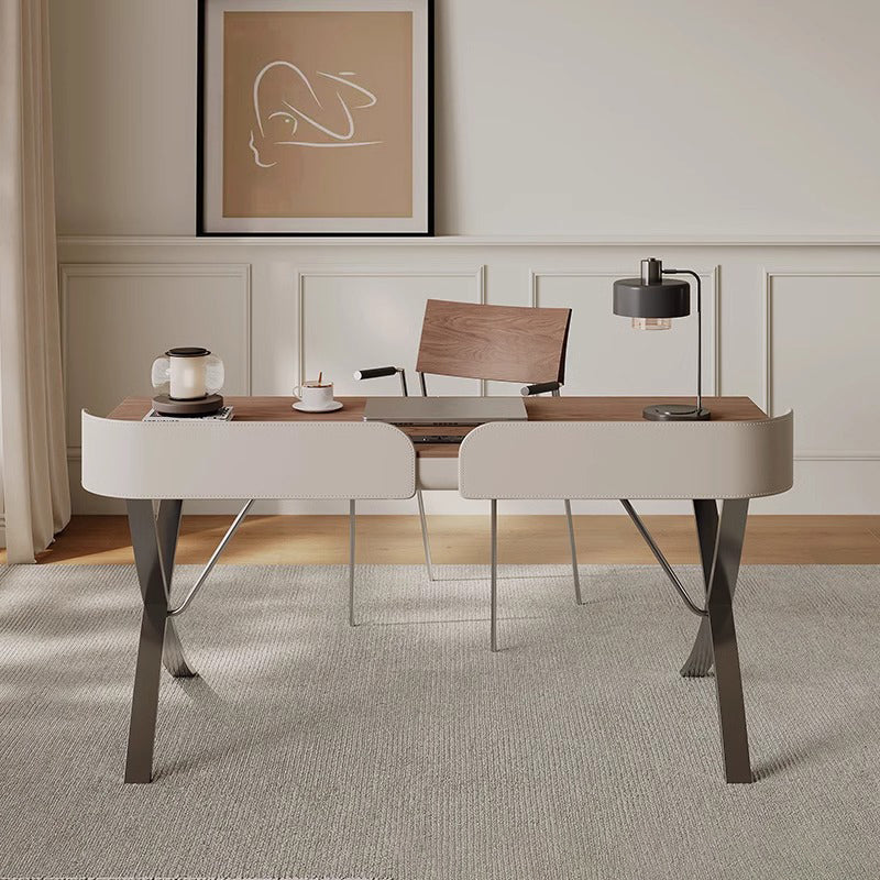 Modern Transitional Saddle Leather Wood Stainless Steel X-Shape Leg Wraparound Baffle Rectangular Desks 2-Drawer For Home Office