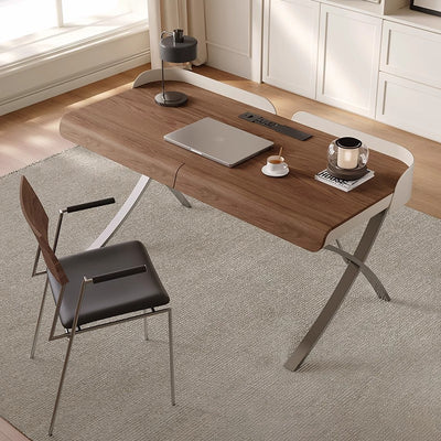 Modern Transitional Saddle Leather Wood Stainless Steel X-Shape Leg Wraparound Baffle Rectangular Desks 2-Drawer For Home Office