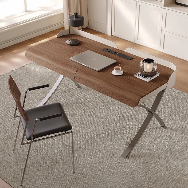 Modern Transitional Saddle Leather Wood Stainless Steel X-Shape Leg Wraparound Baffle Rectangular Desks 2-Drawer For Home Office