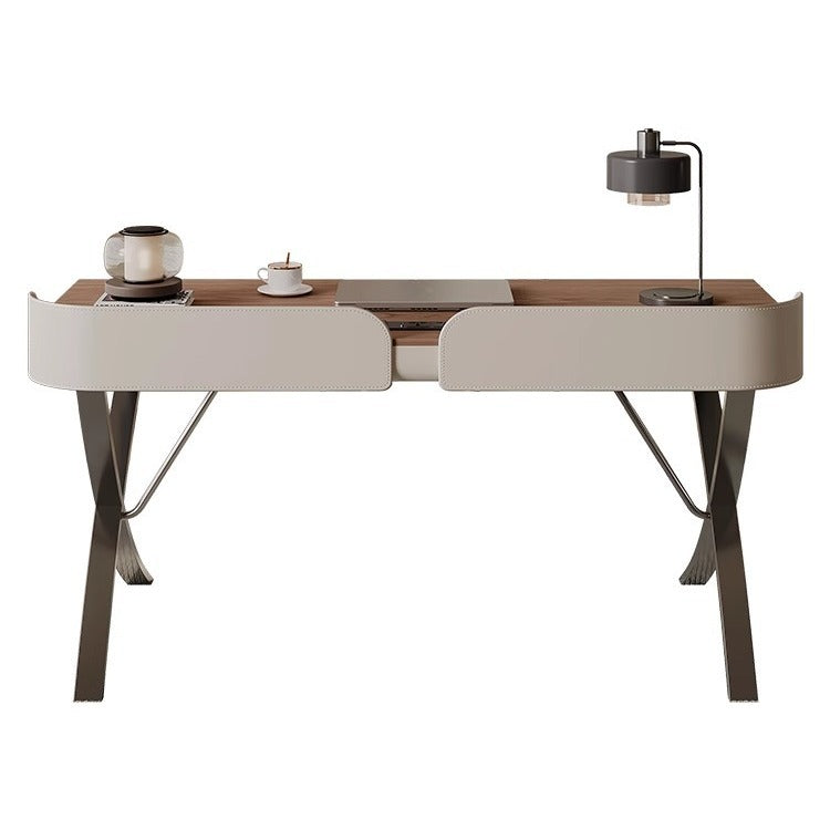 Moderne Übergangs-Schreibtische aus Sattelleder, Holz, Edelstahl mit X-förmigen Beinen, umlaufender Blende und 2 Schubladen für das Home Office 