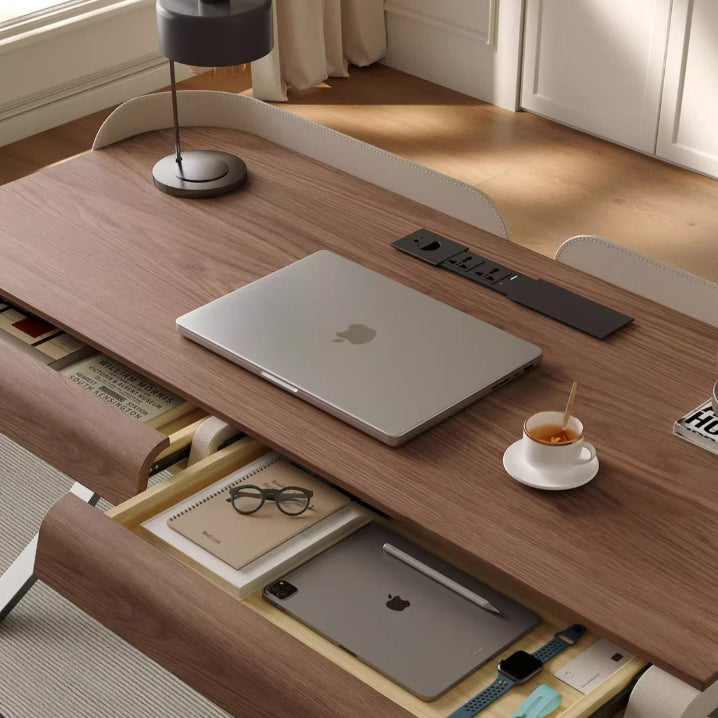 Modern Transitional Saddle Leather Wood Stainless Steel X-Shape Leg Wraparound Baffle Rectangular Desks 2-Drawer For Home Office