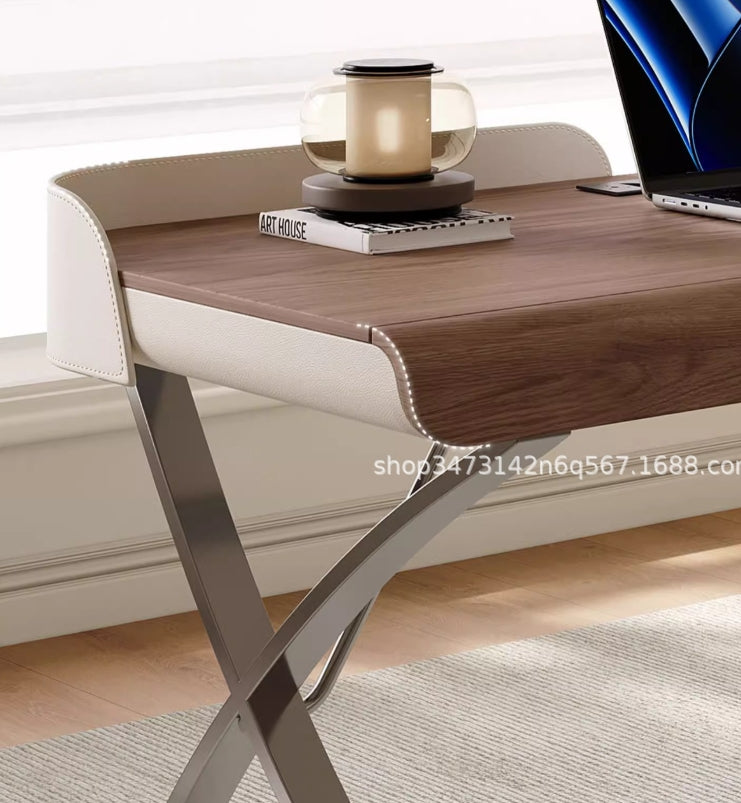 Modern Transitional Saddle Leather Wood Stainless Steel X-Shape Leg Wraparound Baffle Rectangular Desks 2-Drawer For Home Office