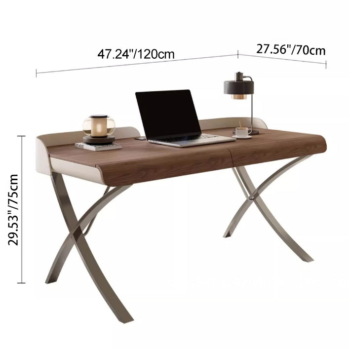 Modern Transitional Saddle-Style Faux Leather Plywood Stainless Steel X-Shape Leg Wraparound Baffle Rectangular Desks 2-Drawer For Home Office