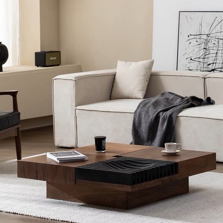 Contemporary Scandinavian Walnut Square Extendable Coffee Table 2-Storage For Living Room