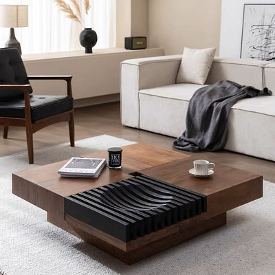 Contemporary Scandinavian Walnut Square Extendable Coffee Table 2-Storage For Living Room