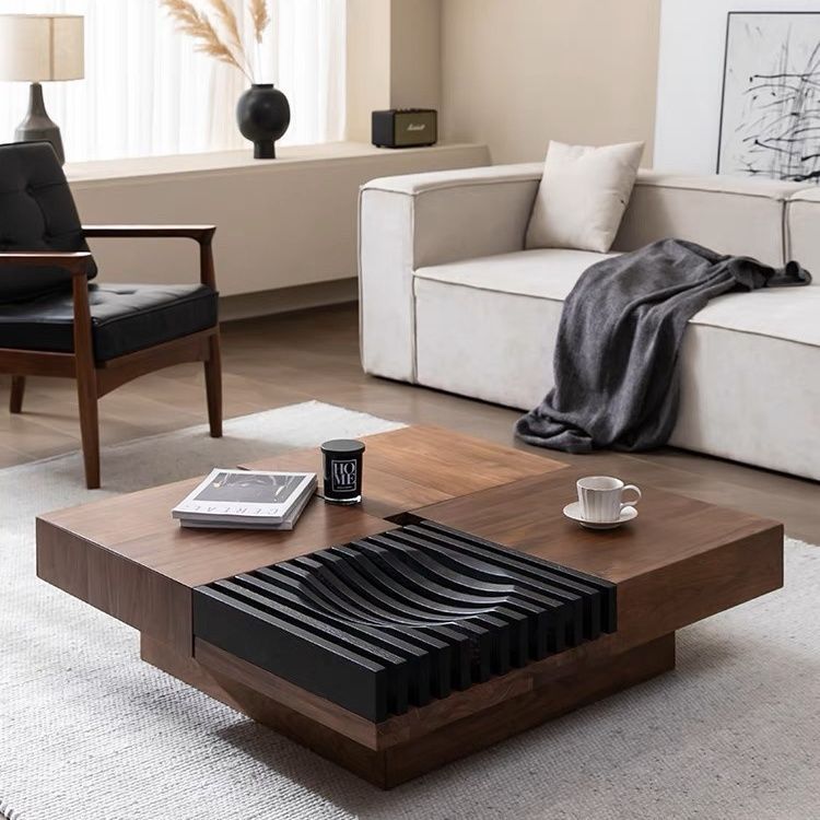 Contemporary Scandinavian Walnut Square Extendable Coffee Table 2-Storage For Living Room