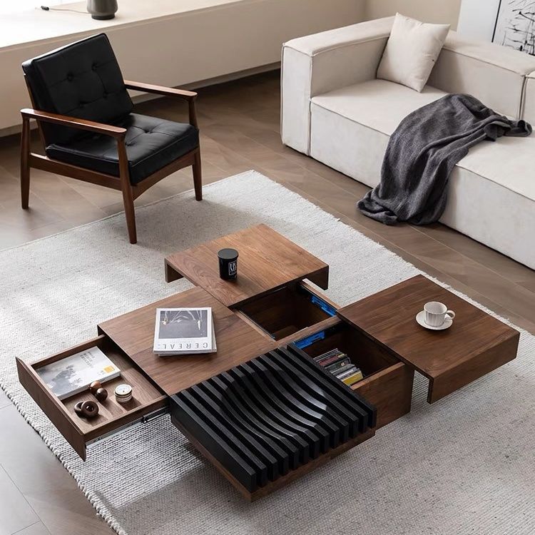Contemporary Scandinavian Walnut Square Extendable Coffee Table 2-Storage For Living Room