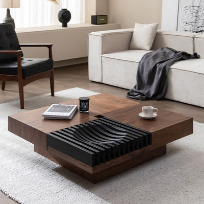 Contemporary Scandinavian Walnut Square Extendable Coffee Table 2-Storage For Living Room