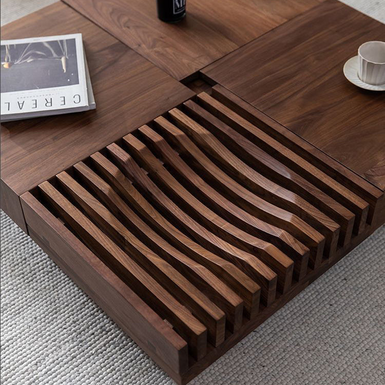 Contemporary Scandinavian Walnut Square Extendable Coffee Table 2-Storage For Living Room