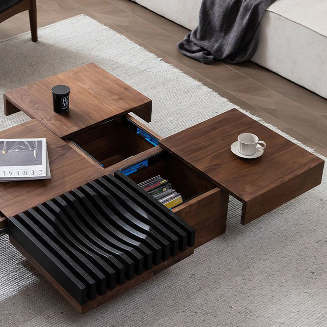 Contemporary Scandinavian Walnut Square Extendable Coffee Table 2-Storage For Living Room