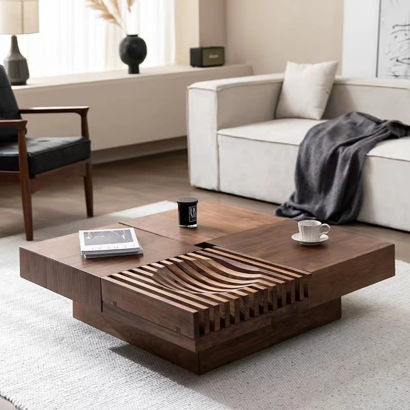 Contemporary Scandinavian Walnut Square Extendable Coffee Table 2-Storage For Living Room