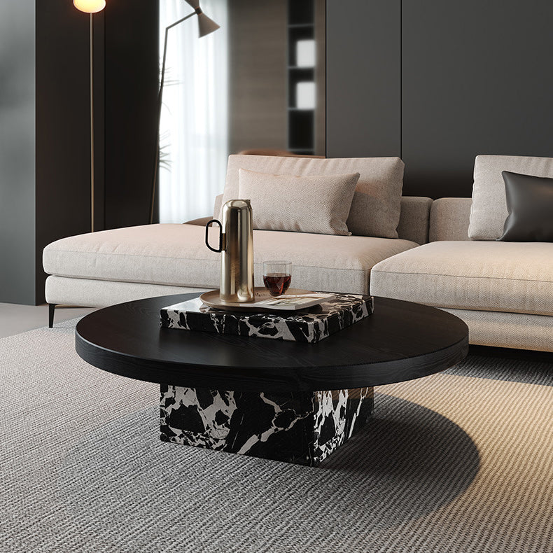 Contemporary Scandinavian Marble Wood Round Coffee Table For Living Room