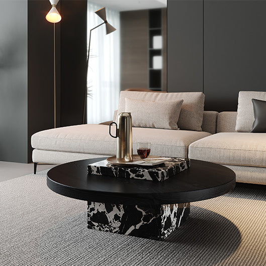 Contemporary Scandinavian Marble Wood Round Coffee Table For Living Room