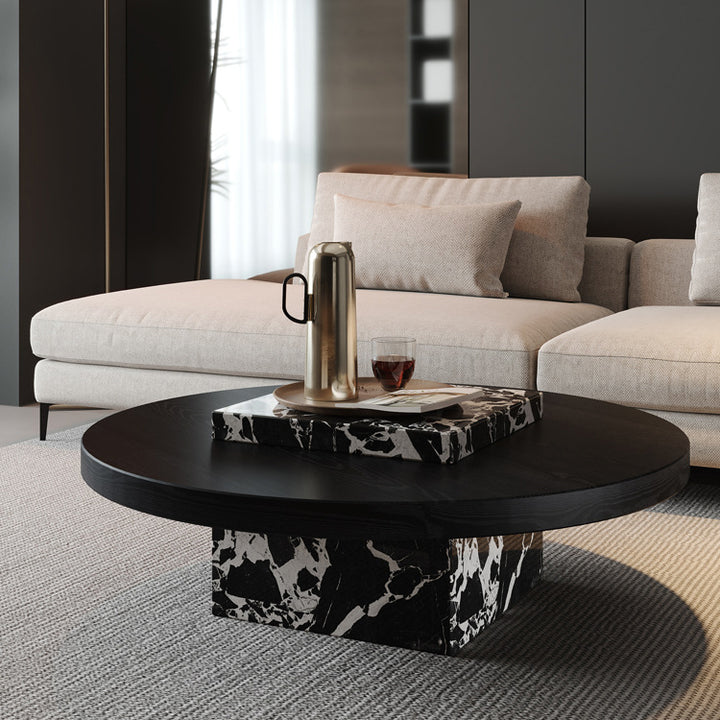 Contemporary Scandinavian Marble Wood Round Coffee Table For Living Room