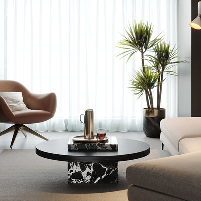 Contemporary Scandinavian Marble Wood Round Coffee Table For Living Room