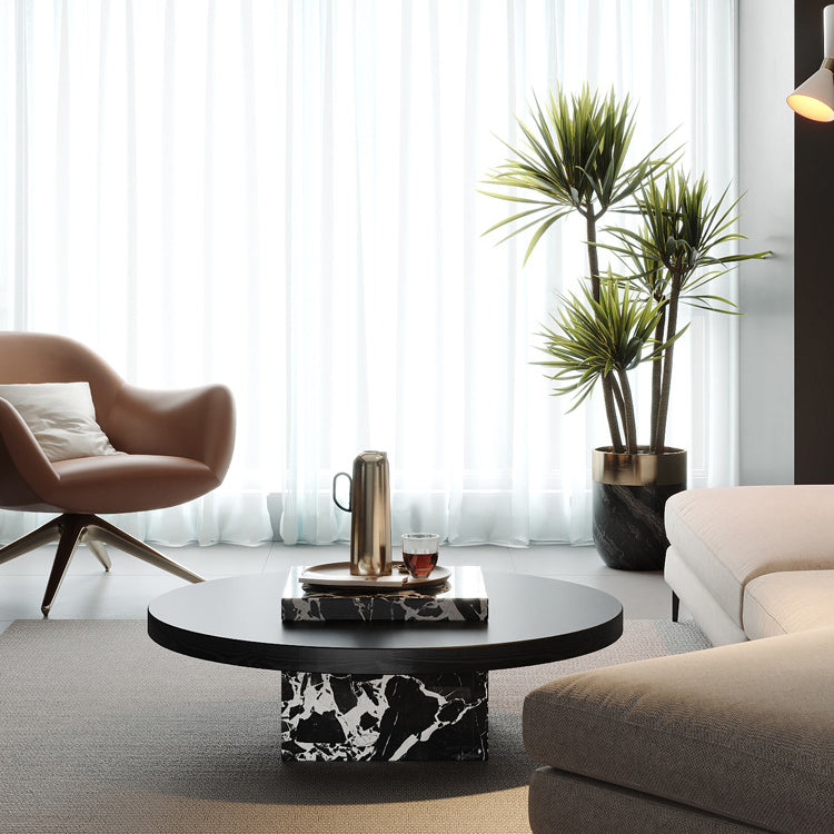 Contemporary Scandinavian Marble Wood Round Coffee Table For Living Room