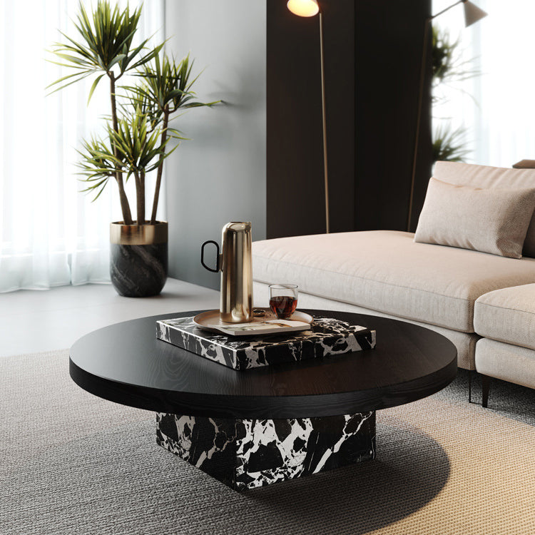 Contemporary Scandinavian Marble Wood Round Coffee Table For Living Room