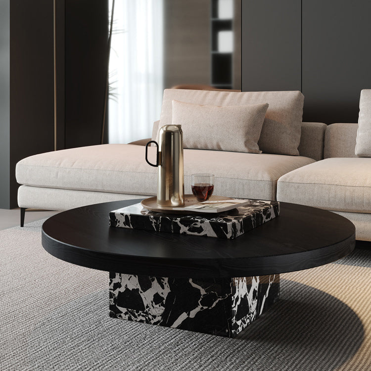 Contemporary Scandinavian Marble Wood Round Coffee Table For Living Room