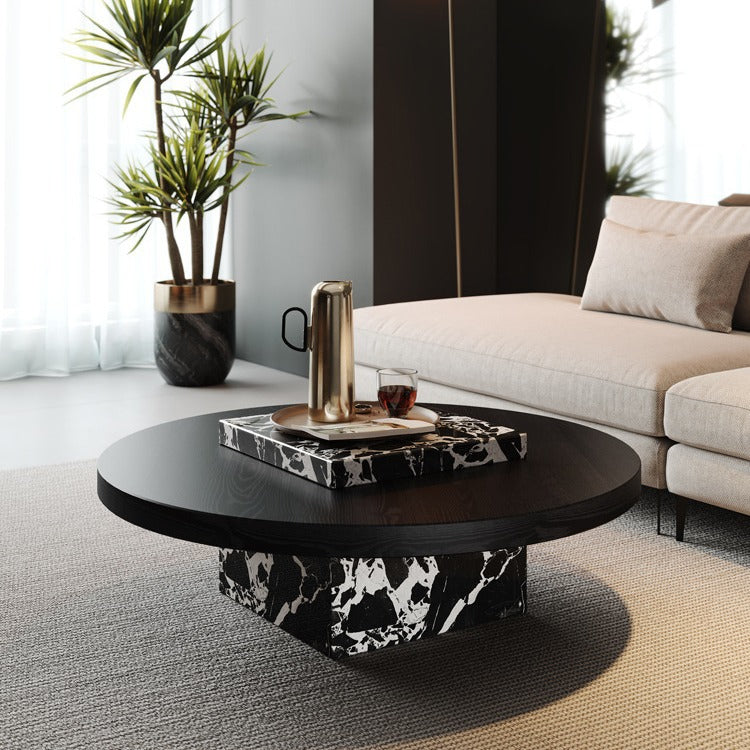 Contemporary Scandinavian Marble Wood Round Coffee Table For Living Room