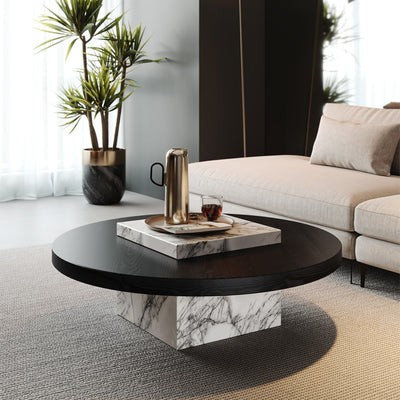 Contemporary Scandinavian Marble Wood Round Coffee Table For Living Room