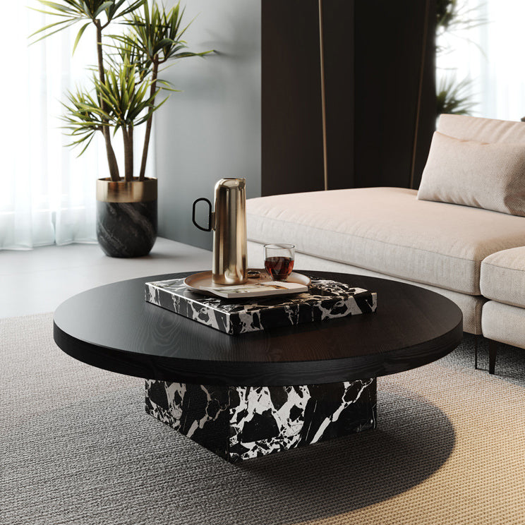Contemporary Scandinavian Marble Wood Round Coffee Table For Living Room