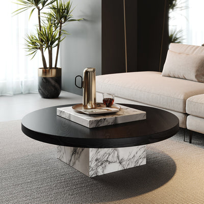 Contemporary Scandinavian Marble Wood Round Coffee Table For Living Room