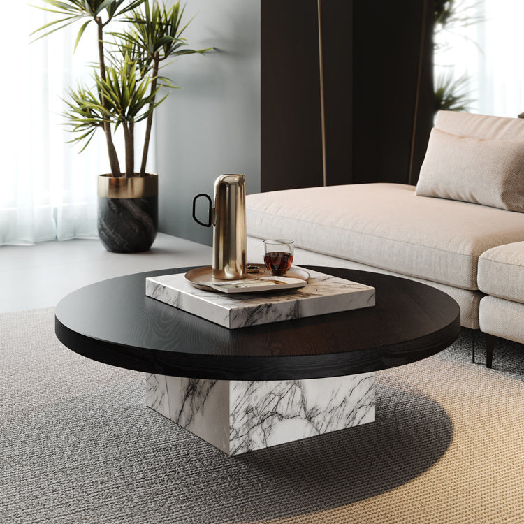 Contemporary Scandinavian Marble Wood Round Coffee Table For Living Room