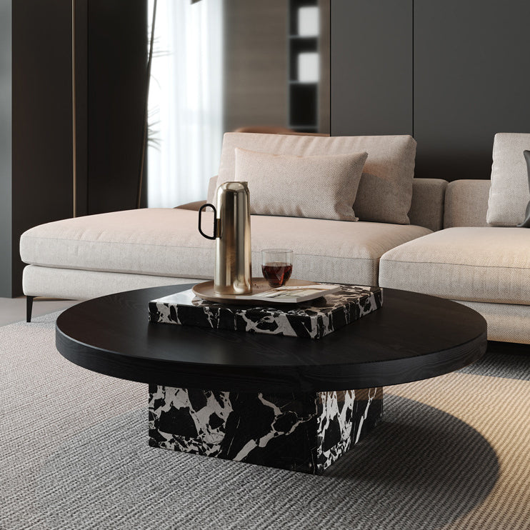 Contemporary Scandinavian Marble Wood Round Coffee Table For Living Room