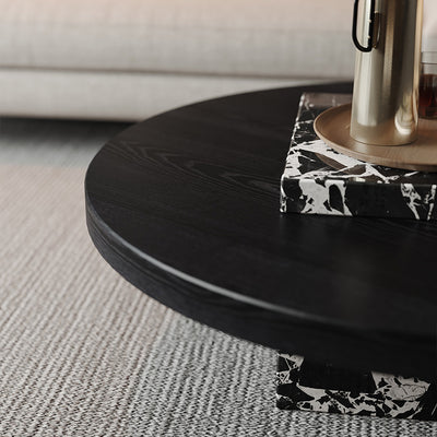 Contemporary Scandinavian Marble Wood Round Coffee Table For Living Room