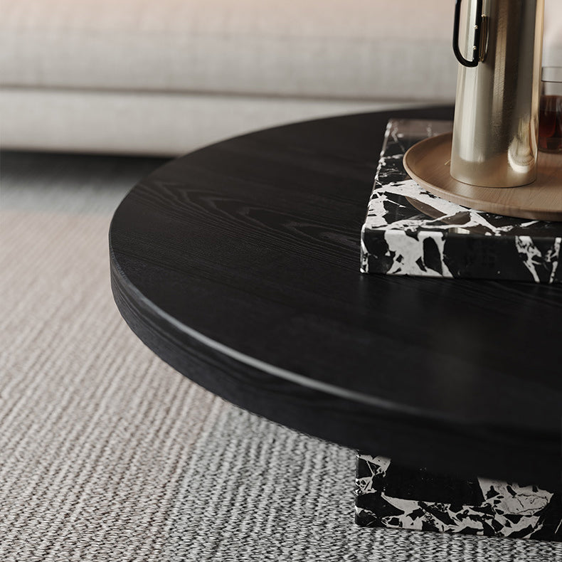 Contemporary Scandinavian Marble Wood Round Coffee Table For Living Room