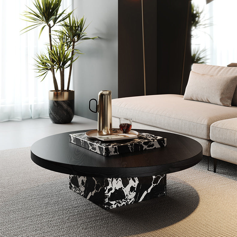Contemporary Scandinavian Marble Wood Round Coffee Table For Living Room
