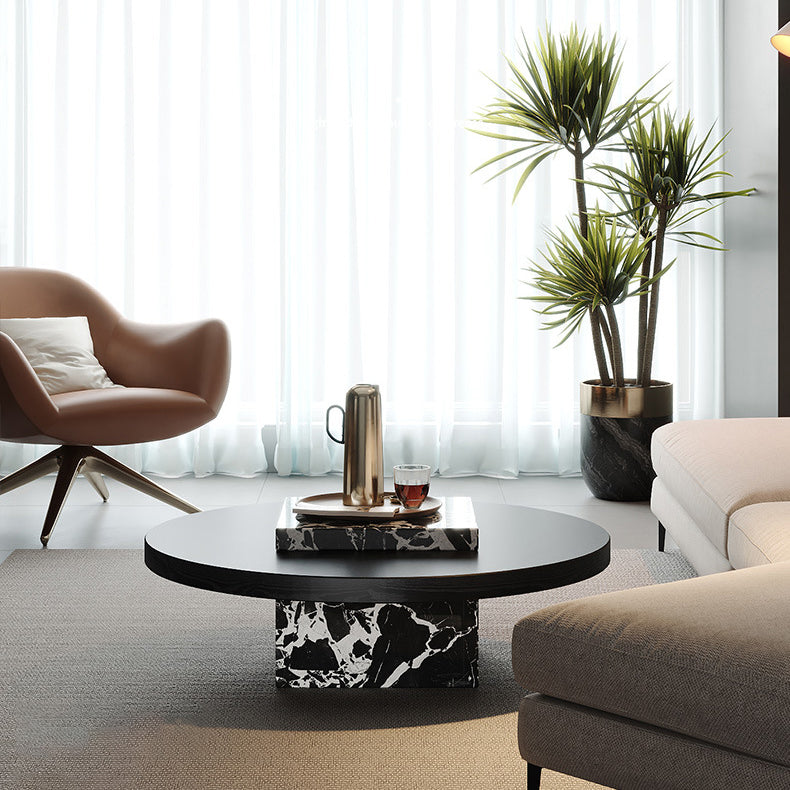 Contemporary Scandinavian Marble Wood Round Coffee Table For Living Room
