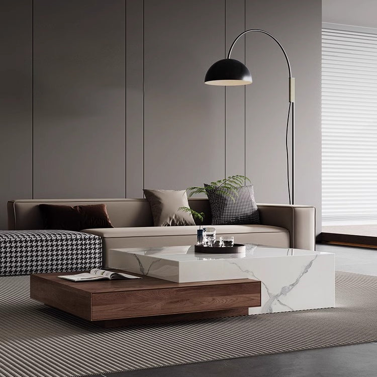 Modern Minimalist Slate Plywood Square Coffee Table Set 2-Drawer For Living Room