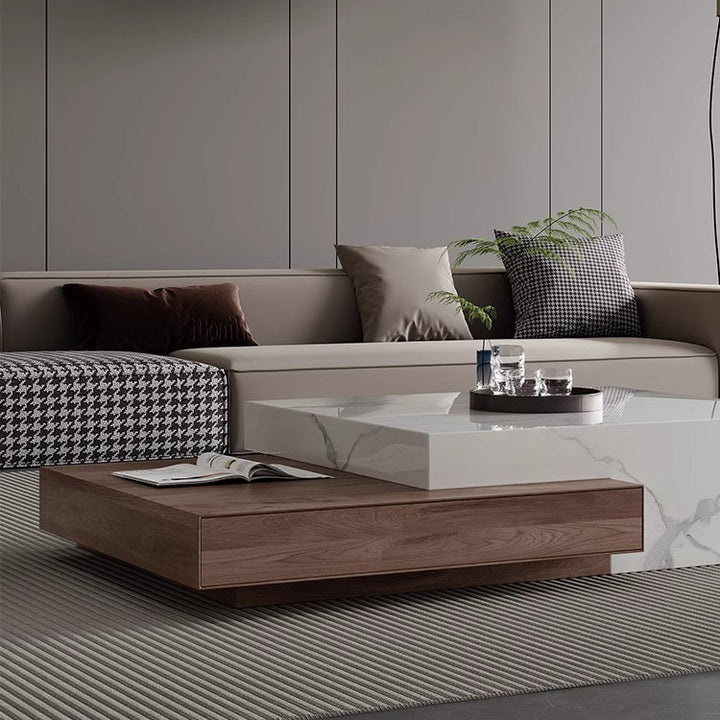 Modern Minimalist Slate Plywood Square Coffee Table Set 2-Drawer For Living Room
