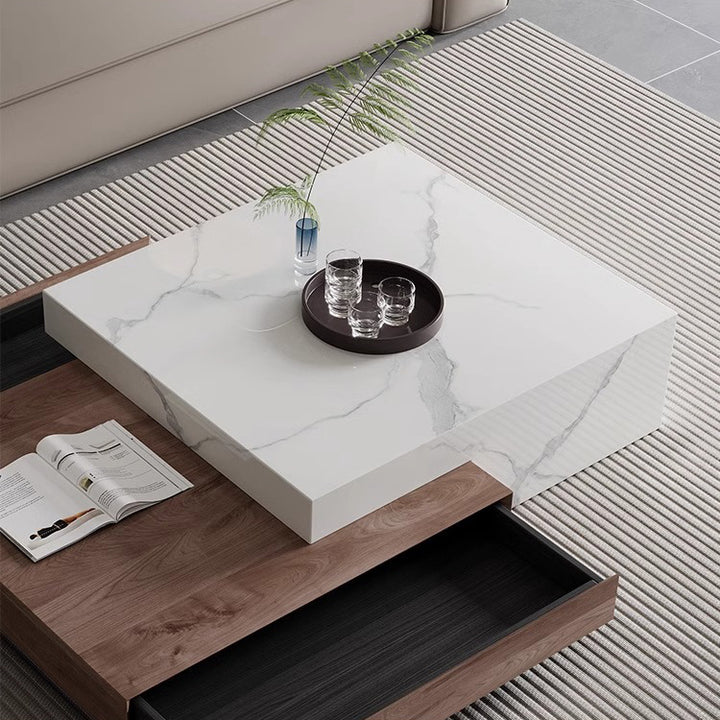 Modern Minimalist Slate Plywood Square Coffee Table Set 2-Drawer For Living Room