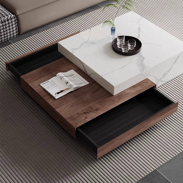 Modern Minimalist Slate Plywood Square Coffee Table Set 2-Drawer For Living Room