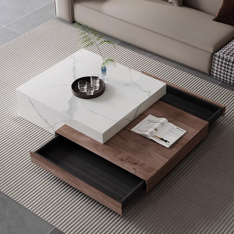 Modern Minimalist Slate Plywood Square Coffee Table Set 2-Drawer For Living Room