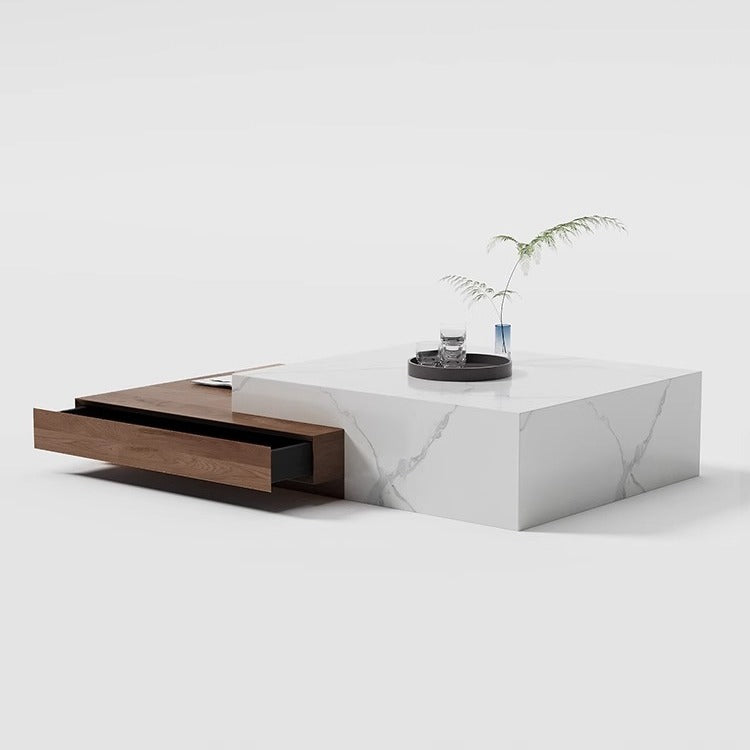 Modern Minimalist Slate Plywood Square Coffee Table Set 2-Drawer For Living Room