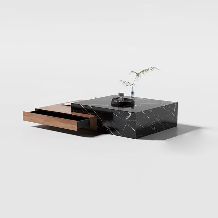 Modern Minimalist Slate Plywood Square Coffee Table Set 2-Drawer For Living Room