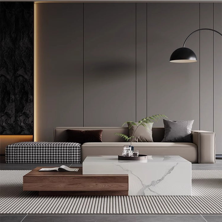 Modernes minimalistisches quadratisches Couchtisch-Set aus Schiefer und Sperrholz mit 2 Schubladen für das Wohnzimmer 