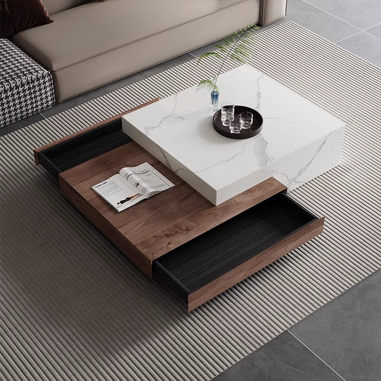 Modern Minimalist Slate Plywood Square Coffee Table Set 2-Drawer For Living Room