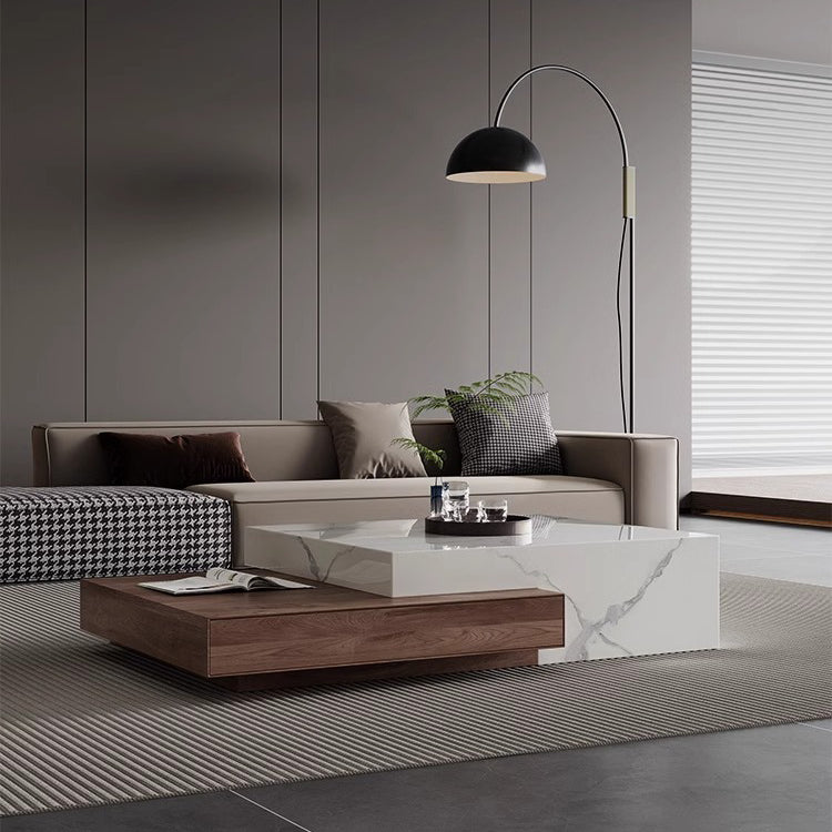 Modern Minimalist Slate Plywood Square Coffee Table Set 2-Drawer For Living Room
